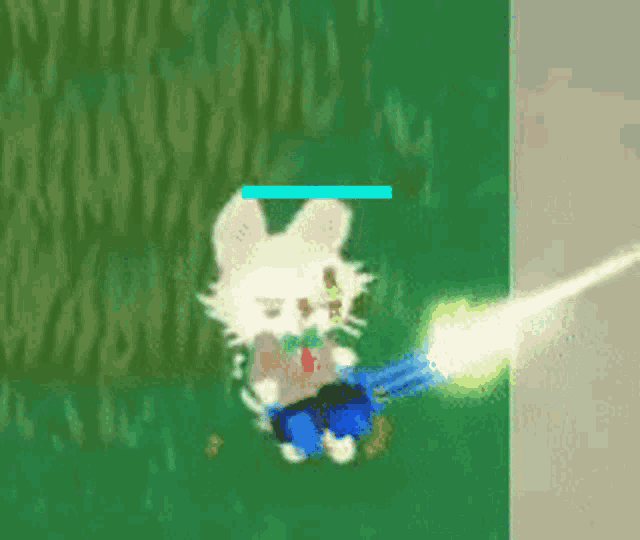 a cartoon cat is holding a sword in a video game while standing in the grass .