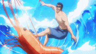 a man is riding a shrimp in the water .