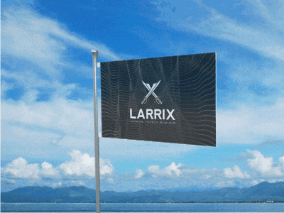 a flag that says ' larrix ' on it against a blue sky