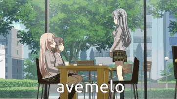 three anime girls are sitting at a table with the word avemelo written on the bottom