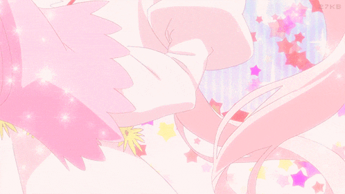 a girl with long pink hair is wearing a pink dress with a strawberry on it