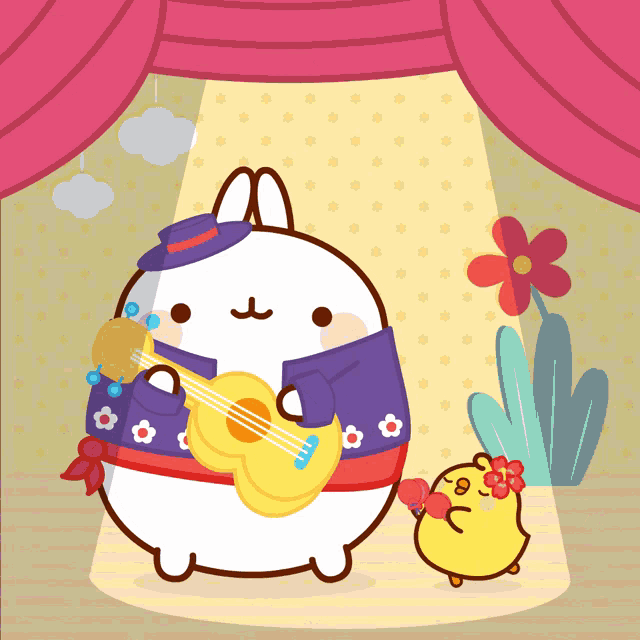 a cartoon rabbit is playing a guitar next to a chicken