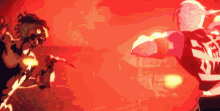 a couple of people are standing next to each other in a dark room with a red background .