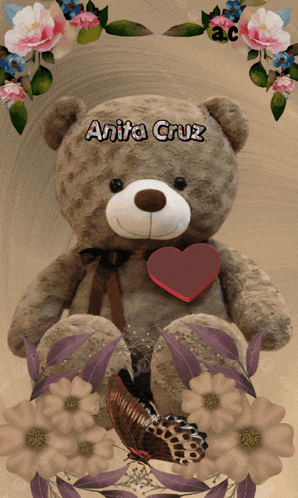 a teddy bear with a heart and the name anita cruz