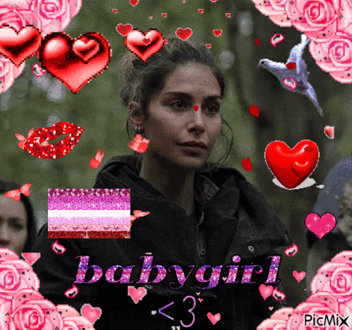 a picture of a woman surrounded by hearts and roses with the caption babygirl < 3