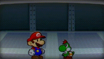 two cartoon characters , mario and yoshi , are standing next to each other in front of a screen .