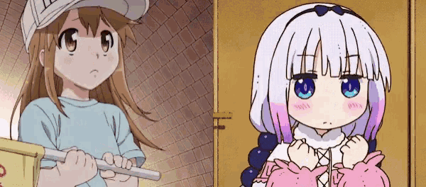 a couple of anime girls standing next to each other . one of the girls is holding a stick .
