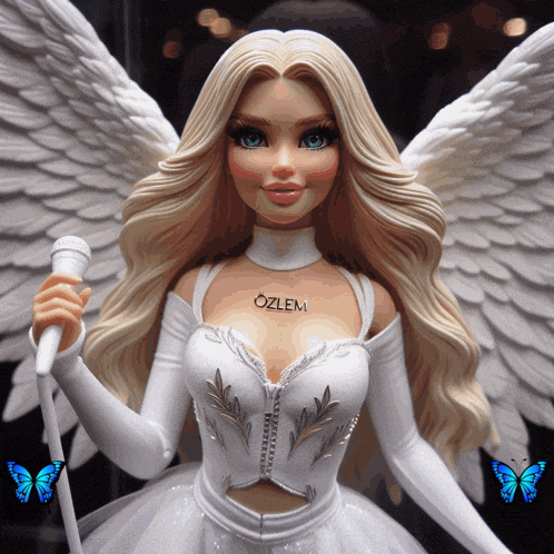 a doll with the name ozlem on her chest holds a microphone