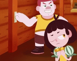 a man and a girl are standing next to each other in a cartoon .