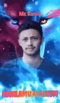 a man is standing in front of a blue background with the words assalamualaikum on the bottom