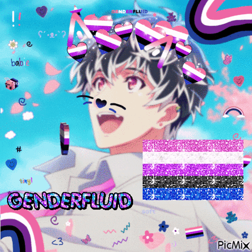 a picture of a boy with a cat on his head and the words genderfluid
