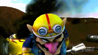 a cartoon character wearing a yellow helmet and goggles is sticking his tongue out