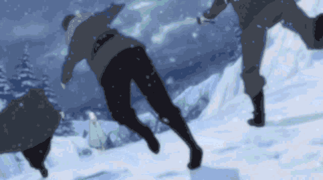 a group of people are running in the snow and one of them has a gun