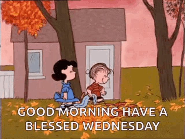 a cartoon of lucy and linus peanuts saying `` good morning have a blessed wednesday '' in front of a house .