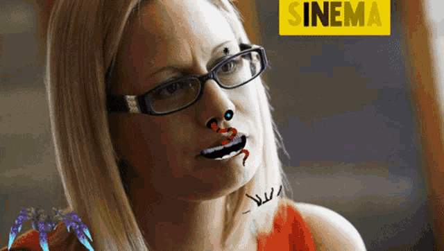 a woman wearing glasses has a snake in her mouth and the word sinema is on the bottom