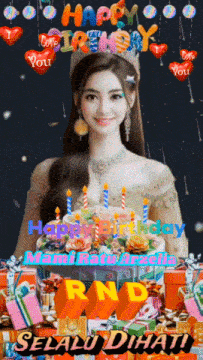 a girl with a crown on her head is standing in front of a birthday cake