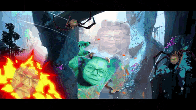 a painting of a person with glasses surrounded by spiders and fire