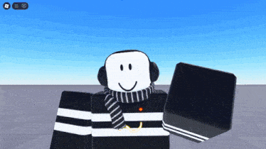 a cartoon character wearing headphones and a scarf is standing in front of a blue sky