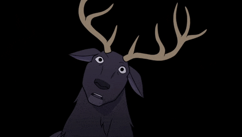 a cartoon drawing of a deer with antlers and a surprised look on its face