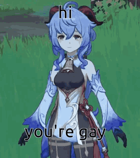 a girl with blue hair and horns is standing in a field waving her hand .
