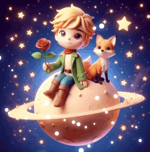 a little prince is sitting on a planet with a fox