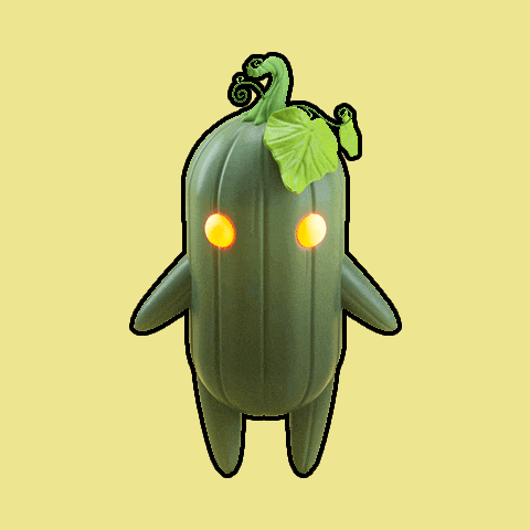 a green cartoon character with yellow eyes and a green leaf