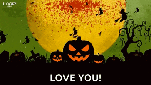 a halloween greeting card with pumpkins and witches and the words `` love you '' .