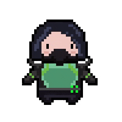 a pixel art drawing of a ninja wearing a mask and a green vest .
