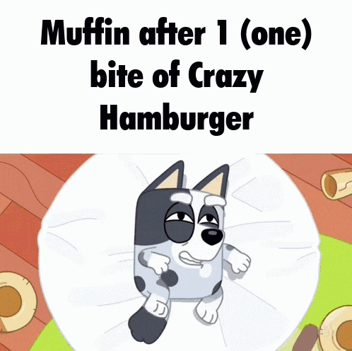 two cartoon characters standing next to each other with the words muffin after 1 ( one ) bite of crazy hamburger below them