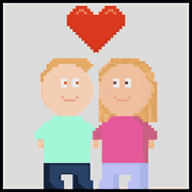 a pixel art of a boy and a girl standing next to each other with a red heart above them