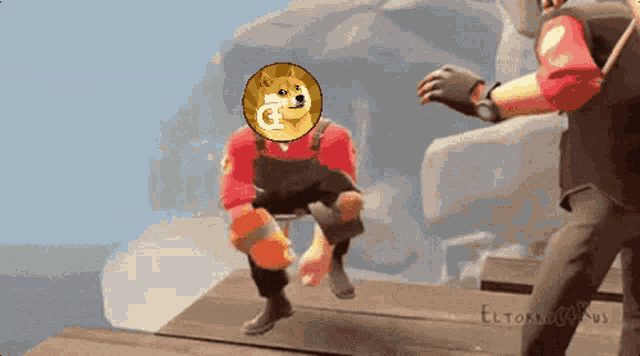 a man with a doge coin on his head