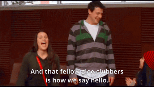 a man and a woman standing next to each other with the words and that fellow glee clubbers