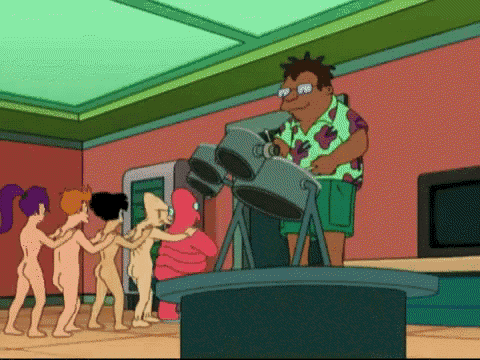 a group of naked cartoon characters are standing around a cameraman