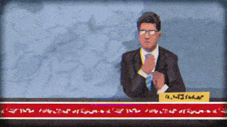 a man in a suit and tie stands behind a podium with a sign that says ' a.b. '
