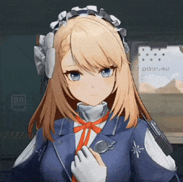 a girl with blonde hair and blue eyes is wearing a maid outfit