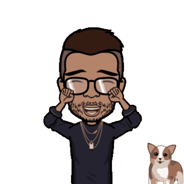 a cartoon of a man with glasses and a dog