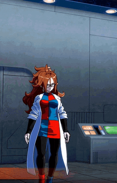 a woman in a lab coat stands in front of a control panel that says ' a2 ' on it