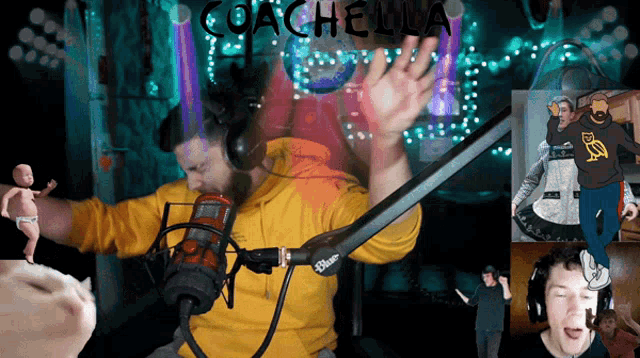 a man in a yellow hoodie is sitting in front of a microphone with the word coachella written above him