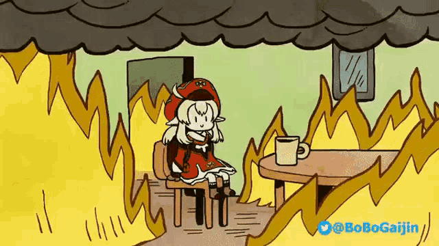 a cartoon of a girl sitting at a table with a cup of coffee in a burning room .