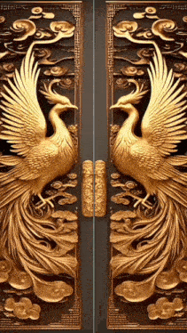 a pair of doors with a statue of two birds on them