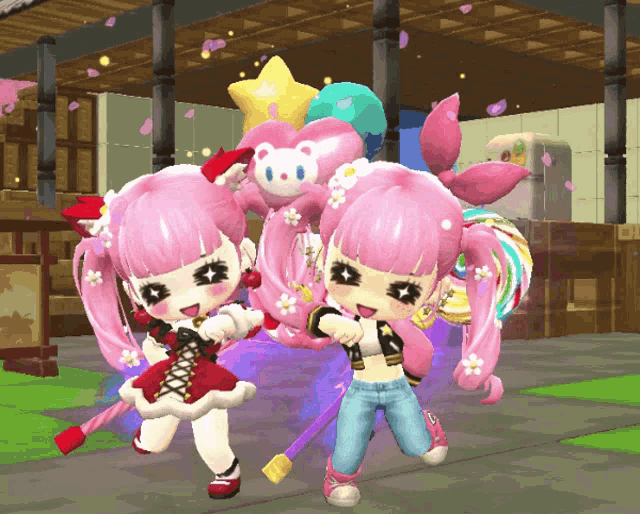 two girls with pink hair are posing for a picture