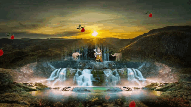 a painting of a waterfall with roses and elephants in the background