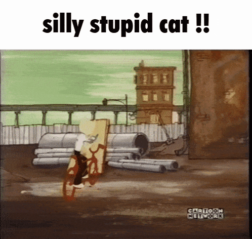 a cartoon of a cat holding a piece of wood with the caption silly stupid cat