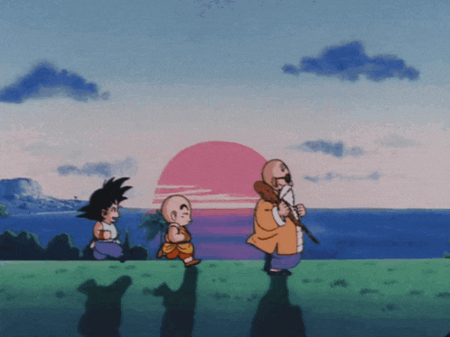 a cartoon of a man holding a stick walking with two children