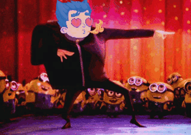 a cartoon character is dancing in front of minions