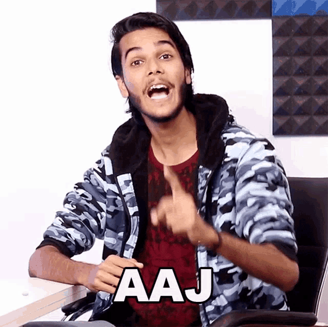 a young man in a camo jacket says aaj in white letters