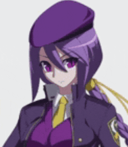 a girl with purple hair and a purple hat and tie .