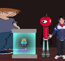 a pixel art drawing of a boy standing next to an apple with an eye on it