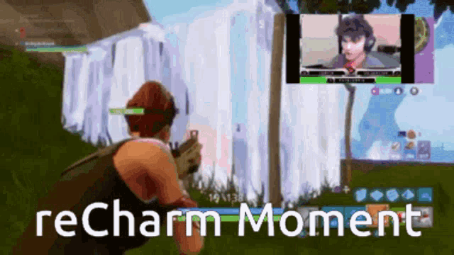 a man is playing a video game with the words " recharm moment " on the bottom