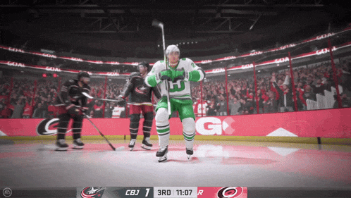 a hockey game is underway and the score is cbj 1 3rd 11:07 r.